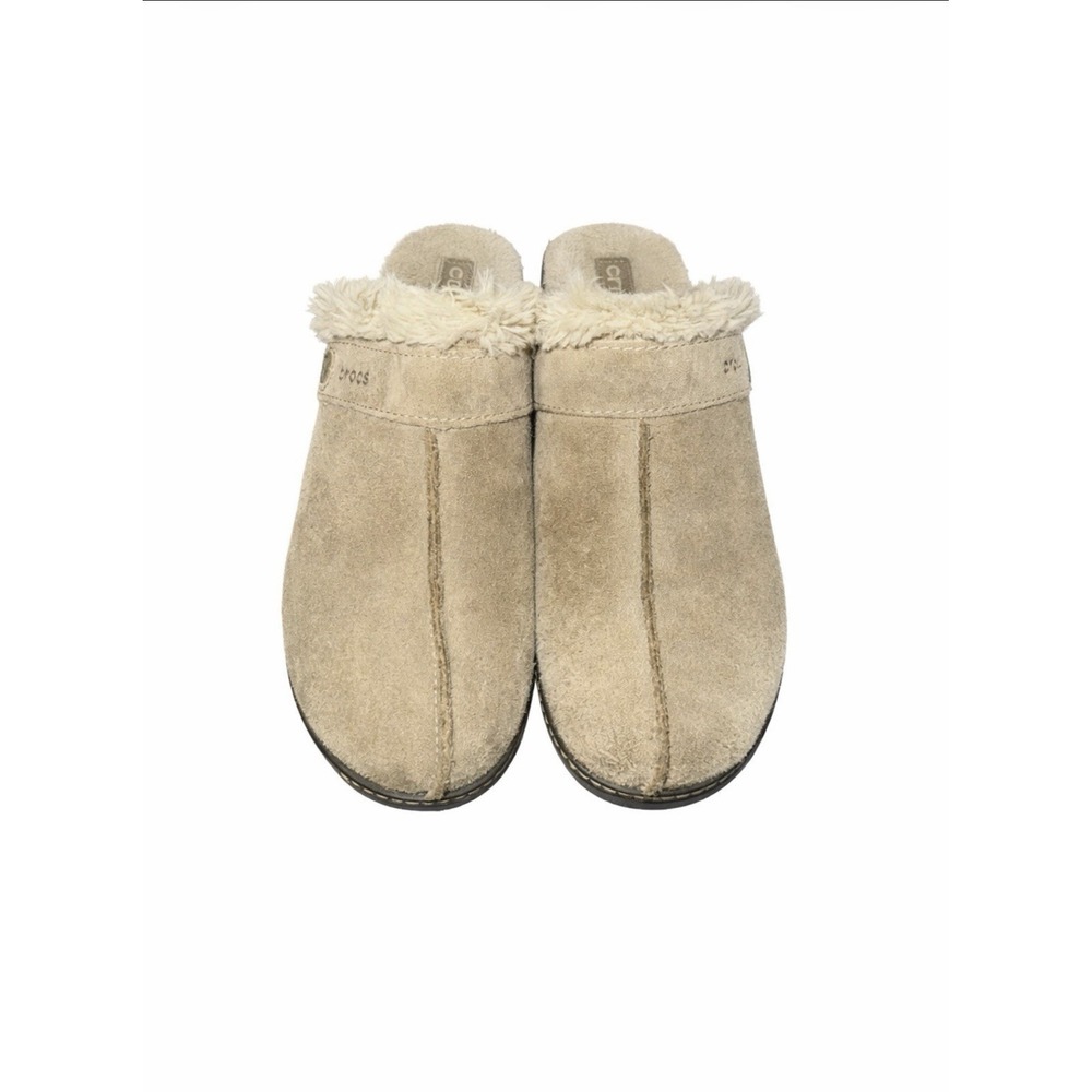 Crocs Eva Tan Suede Faux Fur Lined Mule‎ Clogs Wedge Womens Sz 10